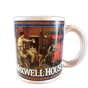 Maxwell House Coffee Mug Ceramic Cup Rockwell Fireman Snow Shoveling